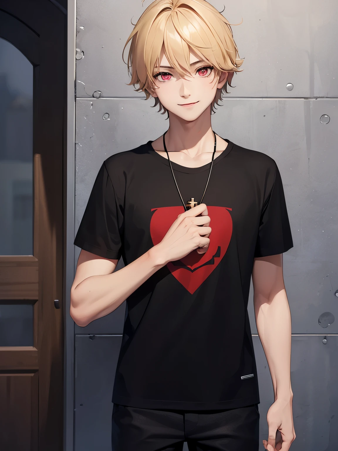 1boy,handsome,, Smile ,half body photo,Perfect face, HD face, ultra detailed face, short hair, blonde hair, messy hair, bright red eyes, vampire, black t-shirt, black trousers, cross necklace,ultra detailed, ultra HD