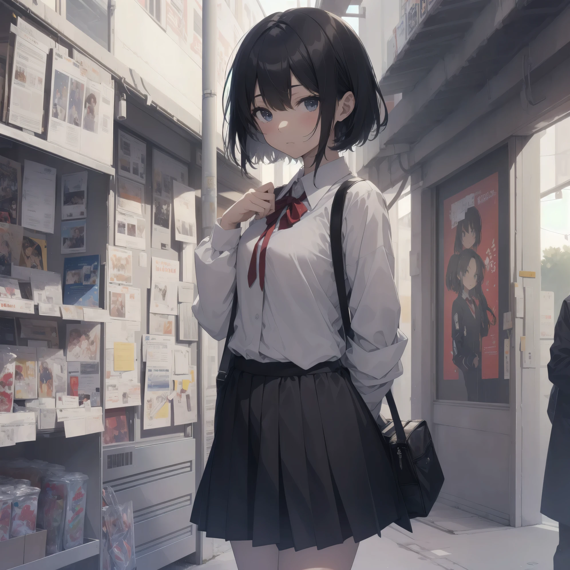 ultra-absurdres-Top quality by artist God, ultra-detailed, high resolution, anime moe artstyle, best anime 8k konachan wallpaper, pixiv contest winner, perfect anatomy,break, 1girl, (Please draw a girl walking sleepily to school alone. )break,(Solo,little female, 13-year-old:1.3),Full limbs, complete fingers,a junior high school student, Attractiveness of immature bodies, (very short hair), short cut, flat chest, , small butt, small black eyes, beautiful detailed eyes, well-proportioned iris and pupils, expressive eyes, highres detailed hair, soft expression, school_uniform, official_alternate_costume, pleated skirt,(Detailed Lighting), (Detailed background), in the School commute route. break,super detailed skin, Best cinematic lighting powered by famous artist, 8k,beauty illustration,photoshop_(medium),very aesthetic,break,((artist:kouji_(campus_life) )), artist:akinashi yuu ,artist:oyari ashito ,artist:kantoku ,