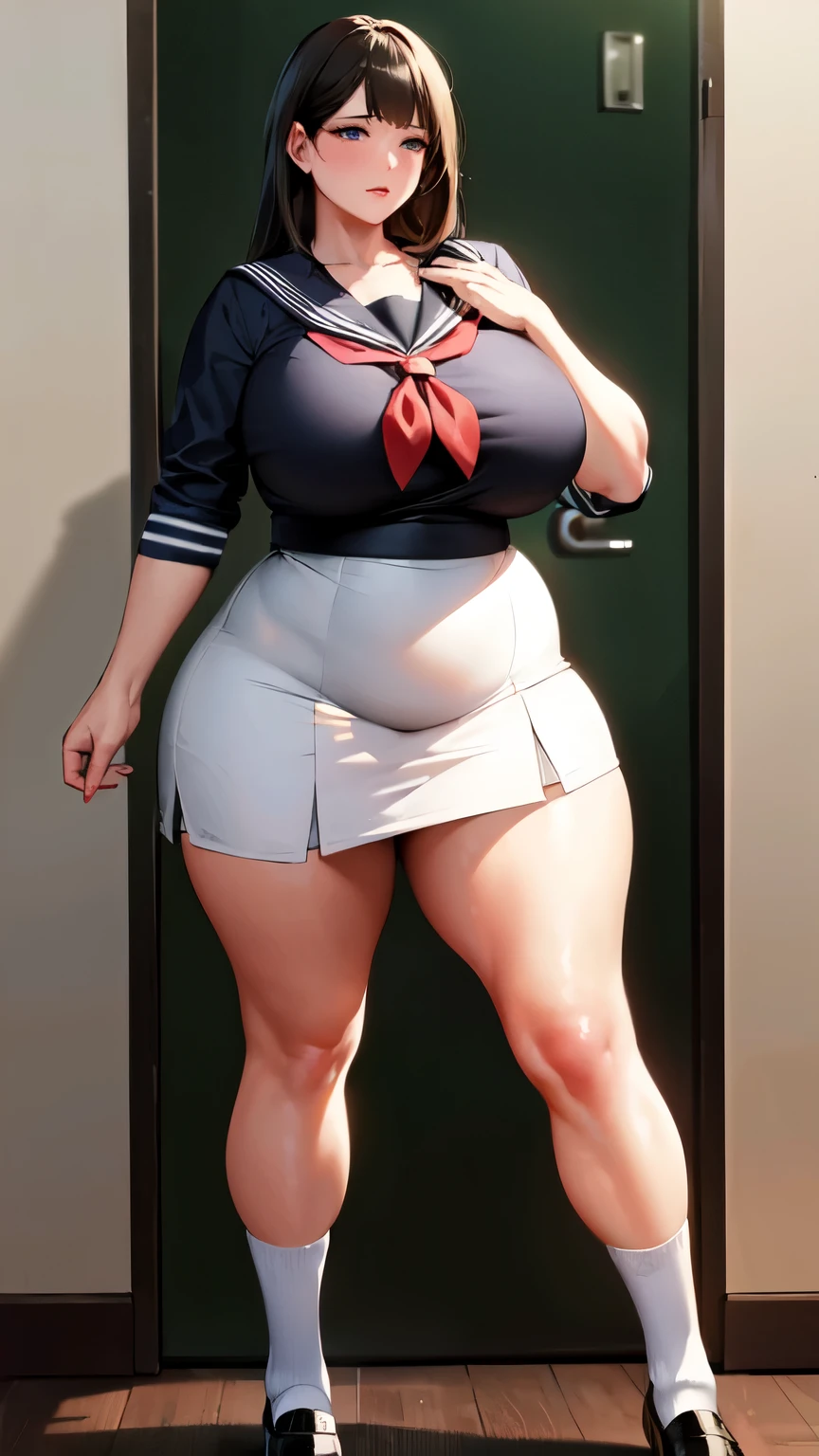 huge breasts, big hips,full body shot, mature mother, Whip whip lower body, plump thighs, plump calves, bewitching mature woman, Perfect body, plus size model,high school girl,sailor suit, skirt is short,Mature woman wearing sailor suit,