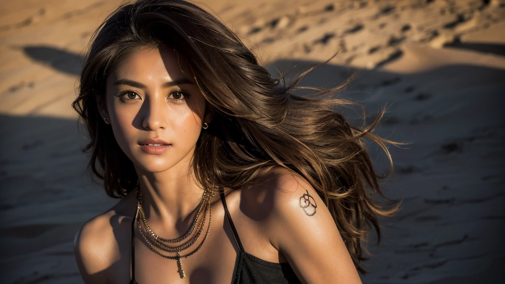 “(best quality,4k,height,Masterpiece:1.2),very detailed,(realistic,photorealistic,photo-realistic:1.37),Portrait,desert, Rifle, Fine texture, tattoo, incredible light, bright colors, , intense stare, Long, flowing hair, , Intricate engraving, Shell casing, dynamic gesture, strong facial features, Eye piercing, desert sunset, rough terrain, smoke trail, Powerful gestures, intense shadow, dust particles, complicated jewelry, Tribal pattern"