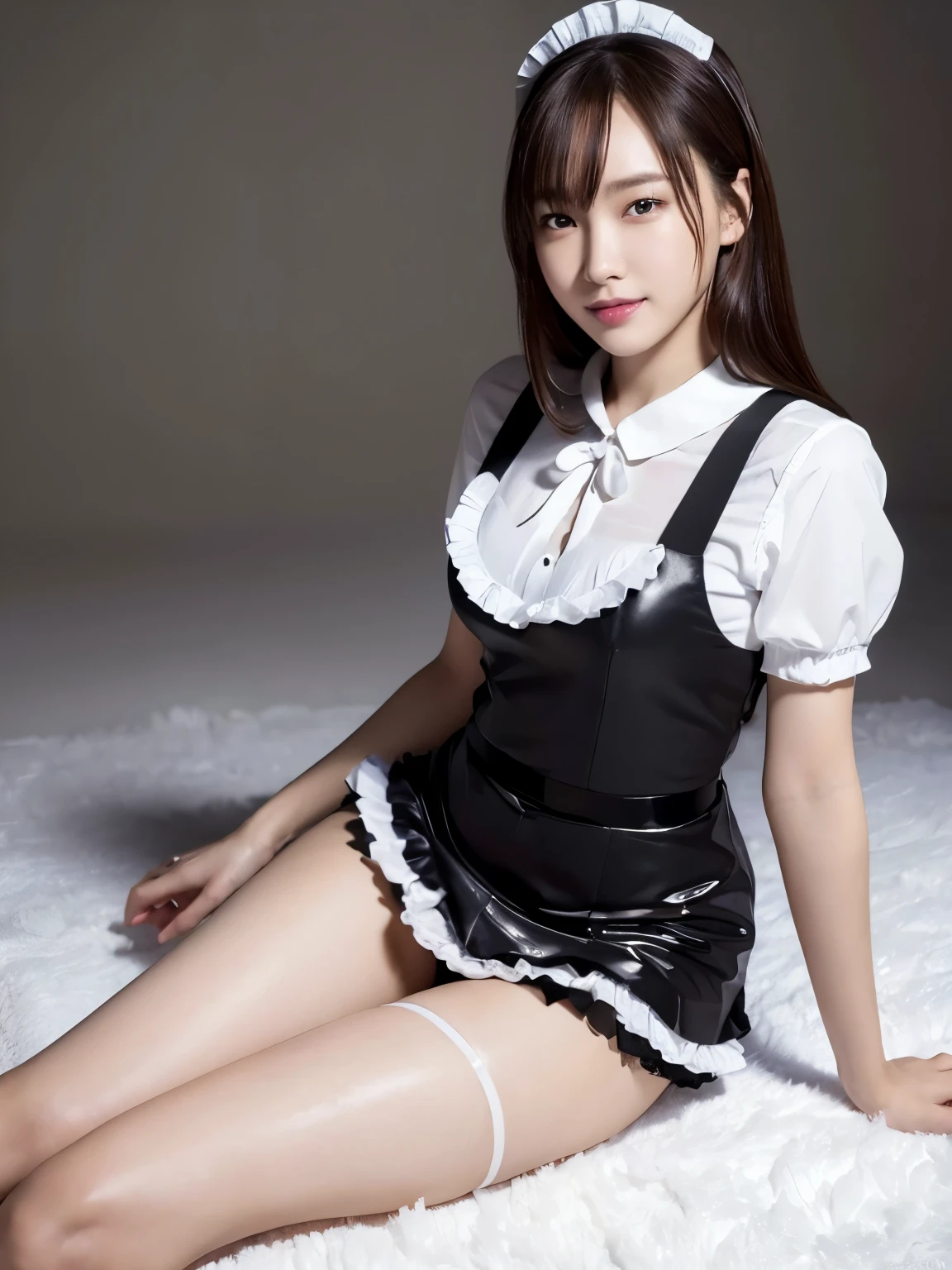 (8K, RAW photo, highest quality, masterpiece:1.2), (realistic, photo-realistic:1.37), super detailed, ultra high resolution,1 girl,looking at the viewer,beautiful detailed face,smile,narrow,(slim waist:1.3), Beautiful and smooth skin, skin texture, floating hair,professional lighting, maid costume, maid headdress, frills, short skirt, maid apron, (shiny oily skin:1.25), Sitting on a white carpet, pantyhose, Thighhighs, knee high,