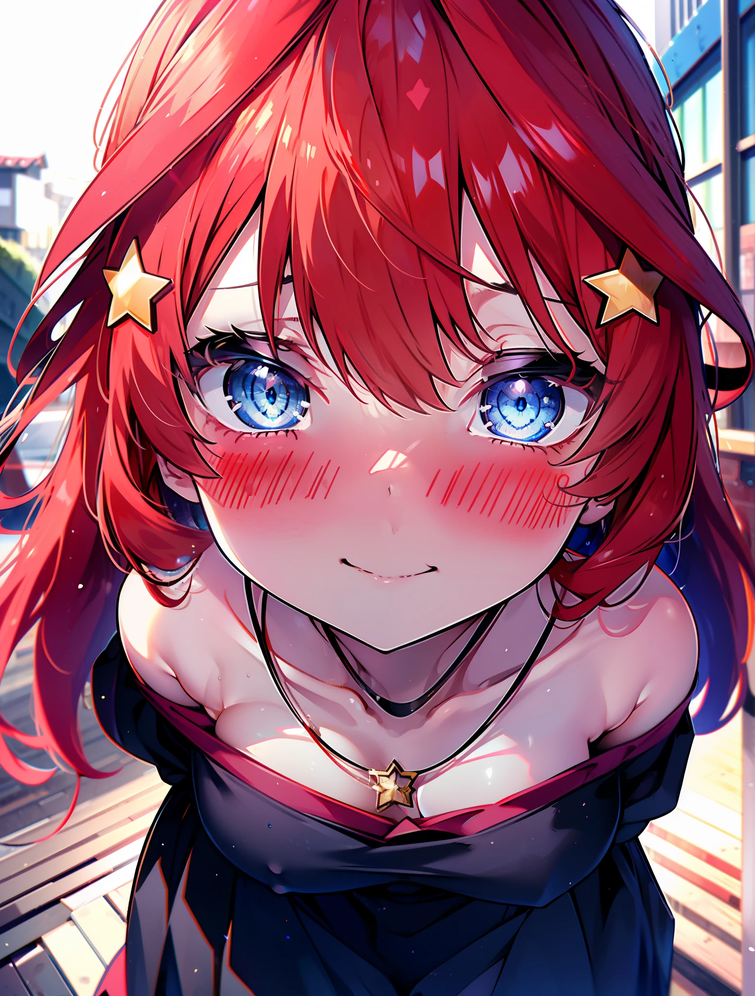 itsukinakano, itsuki nakano, bangs, blue eyes, hair between eyes, Ahoge, redhead, star \(symbol\happy smile, smile, Mouth wide open,embarrassing,blush, hair ornaments, star hair ornaments,Akagi glasses,red off shoulder sweater,bare shoulders,bare clavicle,naked neck,Heart Pendant Necklace,Black long skirt,Mini Boots,put your left hand on your waist,slouch,whole bodyがイラストに入るように,There are many shops,noon,Light of the sun,clear,Looking up from below,
break outdoors, station,square,
break looking at viewer,whole body (cowboy shot:1.5),
break (masterpiece:1.2), highest quality, High resolution, unity 8k wallpaper, (shape:0.8), (fine and beautiful eyes:1.6), highly detailed face, perfect lighting, Very detailed CG, (perfect hands, perfect anatomy),