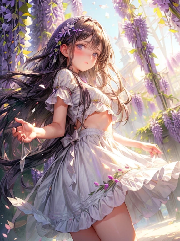 cute girl, standing, outdoor (wisteria trejllis:1.4), masterpiece:1.4, best quality:1.4, 8k, CG, photorealistic:1.37, beautiful ultra-delicate (hair, eyes, face, hands, wisteria), long straight black hair, flowy hair, beautiful detailed fluffly crop top, beautiful detailed fluffly pure white dress skirt, (dutch angle:1.2), high heels, side view