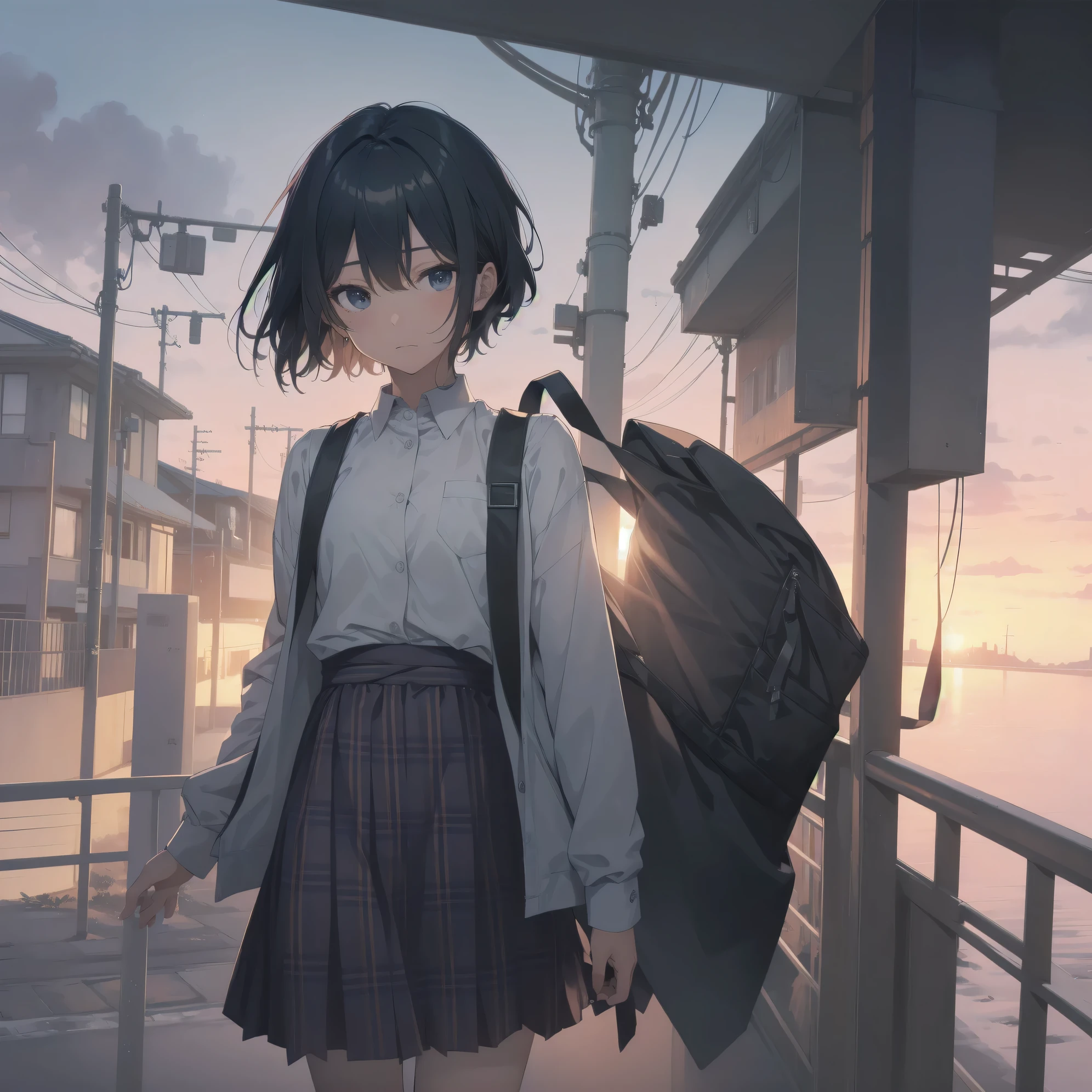 ultra-absurdres-Top quality by artist God, ultra-detailed, high resolution, anime moe artstyle, best anime 8k konachan wallpaper, pixiv contest winner, perfect anatomy,break, 1girl, (Please draw a girl walking sleepily to school alone. )break,(Solo,little female, -yeld:1.Full limbs, complete fingers,a junior hiiveness of immature bodies, (very short hair), short cut, flat chest, , small butt, small black eyes, beautiful detailed eyes, well-proportioned iris and pupils, expressive eyes, highres detailed hair, soft expression, school_uniform, official_alternate_costume, pleated skirt,(Detailed Lighting), (Detailed background), in the School commute route. break,super detailed skin, Best cinematic lighting powered by famous artist, 8k,beauty illustration,photoshop_(medium),very aesthetic,break,((artist:kouji_(campus_life) )), artist:akinashi yuu ,artist:oyari ashito ,artist:kantoku ,