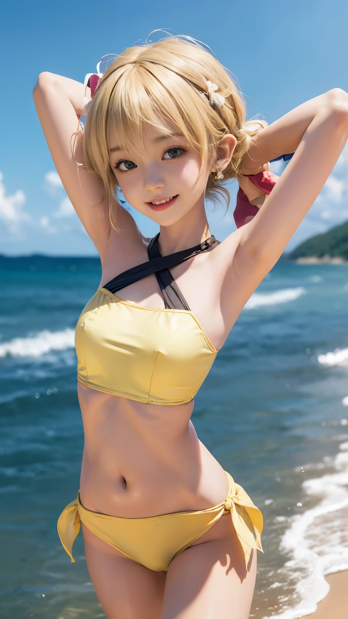 girl, goblin, smile of great joy,beautiful and moving,(((flat chest))),Do a dynamic dance、How to attach a painted ear headband、((((thin arms、thin waist、slender upper body、thin thighs、thin lower body))))、medium long hair、(((blonde hair)))、tropical sandy beach、dazzling smile、micro bikini、full body shot、A bow tie、wear big gold earrings