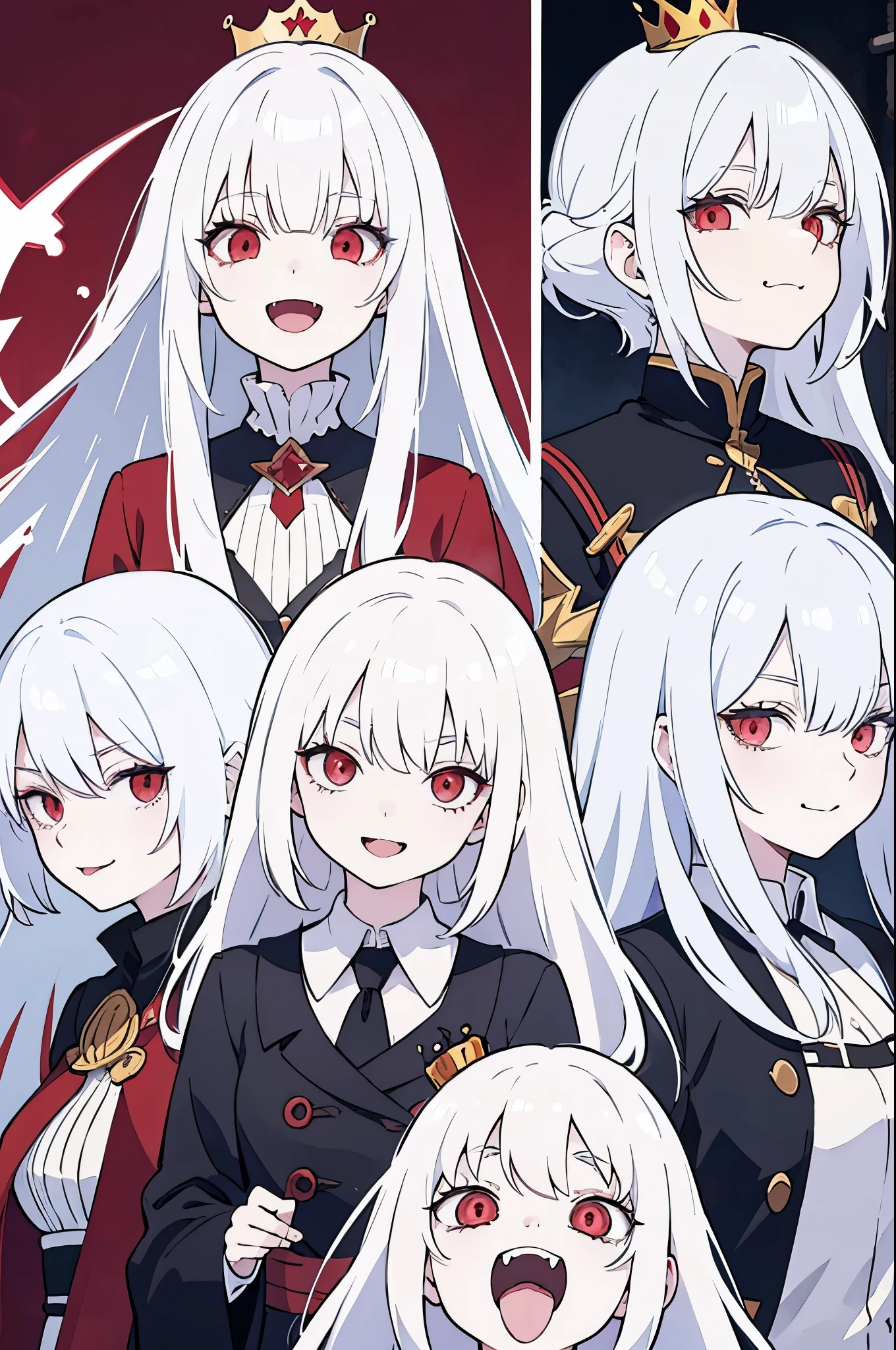 white hair, asymmetrical hair, crown, red eyes, fangs, tongue, crazy smile, anime, anime style, character chart, ccurate, UHD