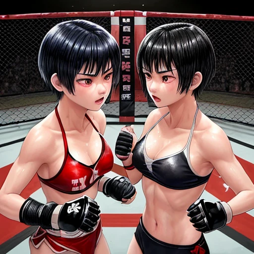 Two beautiful, young female boxers are boxing hard in the octagon. They are fighting by punching. Their eyes are closed and their mouths are open. They are in ecstasy. They are scarred and very sweaty. Drooling. Black hair. Shortness of breath. Very erect nipples. Sweating and bleeding. Her love juice is gushing out of her anus. Milk spurting from her nipples. Boxing gloves. High-leg bikini.