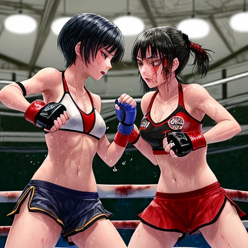 Two beautiful high school girls mixed martial artists covered in blood are fighting very hard in kickboxing。Throwing punches and kicks。Fighting inside the Octagon。Rivals。Glare。I&#39;m soaked in sweat。open finger gloves。bikini。erect nipples。black hair short cut。