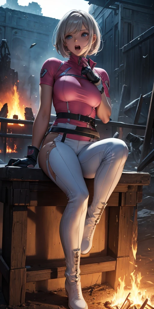 1girl, SentaiPink, pink and white bodysuit, tight pants, white gloves and boots, (torn clothes:1.1), dark gray hair, slant eyes, short hair, small breasts, BREAK, sitting, (knees bent:1.2), spread legs, clinched fists, thin thighs, full body, girl in the distance, (background realistic ruin), night, fire, darkness,fog, scenery, outdoors, BREAK, (masterpiece:1.2),(best quality:1.2), beautiful detailed eyes and face, radiant and healthy glow,dynamic lighting,all intricate, high resolution,8k wallpaper, perfect fingers, nice hands, perfect hand, scared expression, open mouth, clenched teeth,