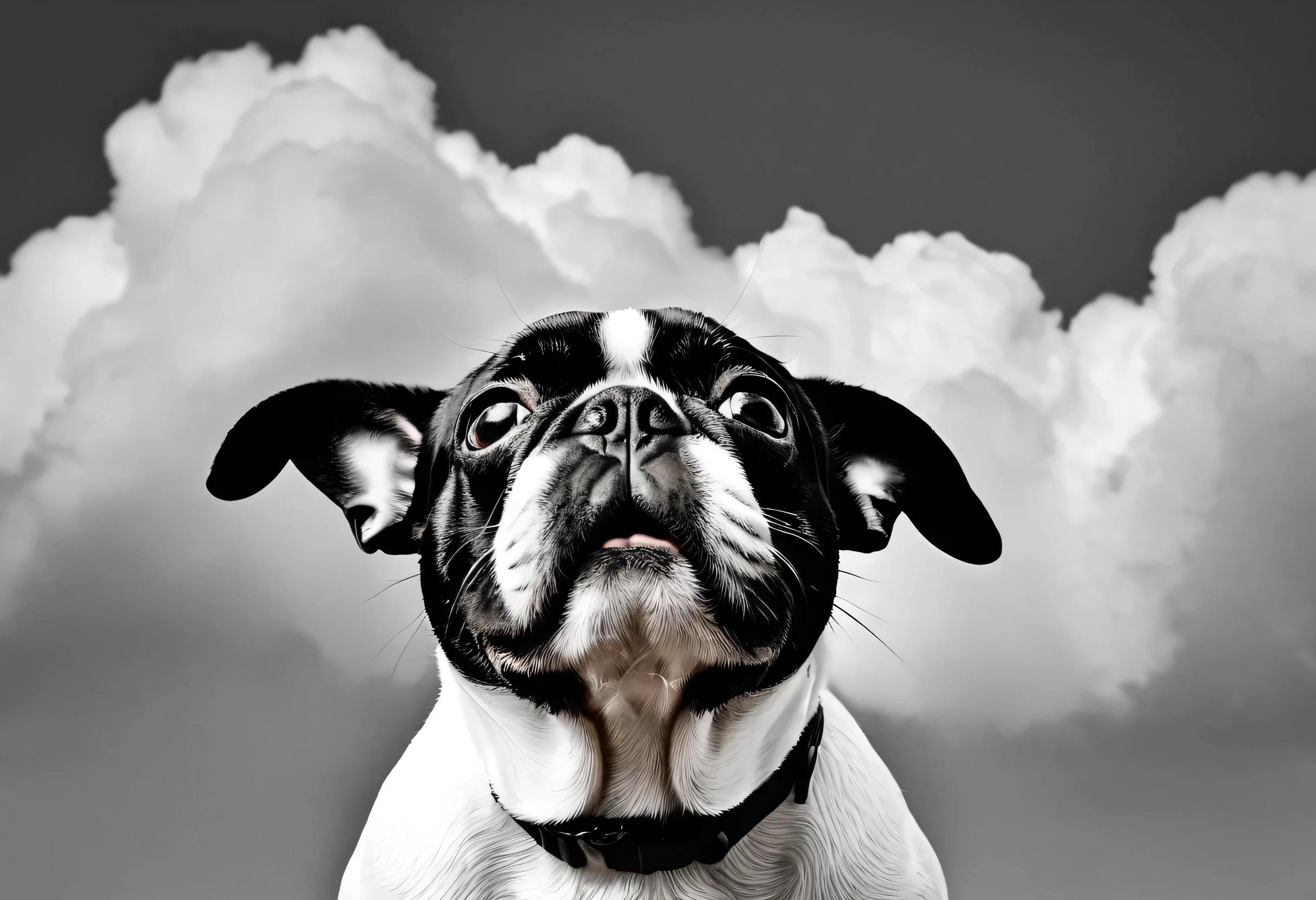 arafed dog look up at something in the air, Black and white photography inspired by Elliott Erwitt, Pixabay Contest Winner, photorealism, French Bulldog, look up at the camera, look up at camera, look upwards, curious look, look upward, look up, dog ears, portrait shot, Seen from a little below, stare