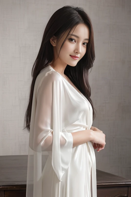 (best quality, 8k wallpaper, high resolution, ultra-detailed, realistic:1.37), beautiful woman, sleek dark long hair, wearing a white sheer silk robe, revealing a deep purple lingerie, on the table, sharp focus, perfect composition, beautiful detailed eyes, sparse hair, detailed realistic skin texture, smiling, close-up portrait, model figure.