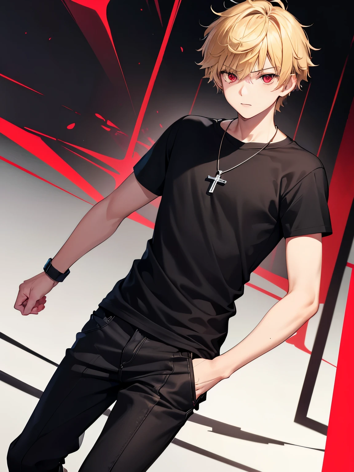 1boy,handsome,15 years old,walking ,half body photo,Perfect face, HD face, ultra detailed face, short hair, blonde hair, messy hair, bright red eyes, vampire, black t-shirt, short sleeve t-shirt,black trousers, cross necklace,ultra detailed, ultra HD