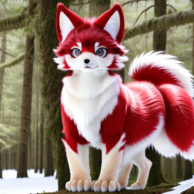 original photo, ultra high definition, digital SLR, high quality, actual, Real shot, fantasy art, lens flare, whole body, view viewer, animal focus, hairy, fur set, 1 girl, charming的, kawaii, charming, fur, fur头, Yao Liu, wolf type,wolf ears, paws with claws, Claw shoes , stand up,Crimson body,whole body深红色皮肤,Red hair,gray eyes,With a black bow,white belly,The tip of the tail is white,stand,Before and after photos