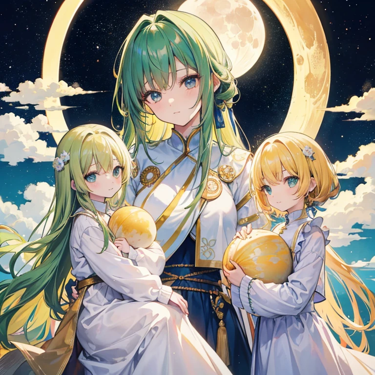 Family photo of the bright father Sun, the calm and mysterious mother Moon, and their beautiful daughter who resembles Earth. Father: resembles the Sun, tall, male, sweet looking, blond or yellow hair, looks like good dad. Mother: resembles the calm mysterious moon, sweet, loving, wearing white blue and silver. Daughter: proudly and clearly resembles Earth, brown or green hair, earth tone clothing, kind but too trusting and often it either shy and chill of is having a natural disaster of a tantrum.