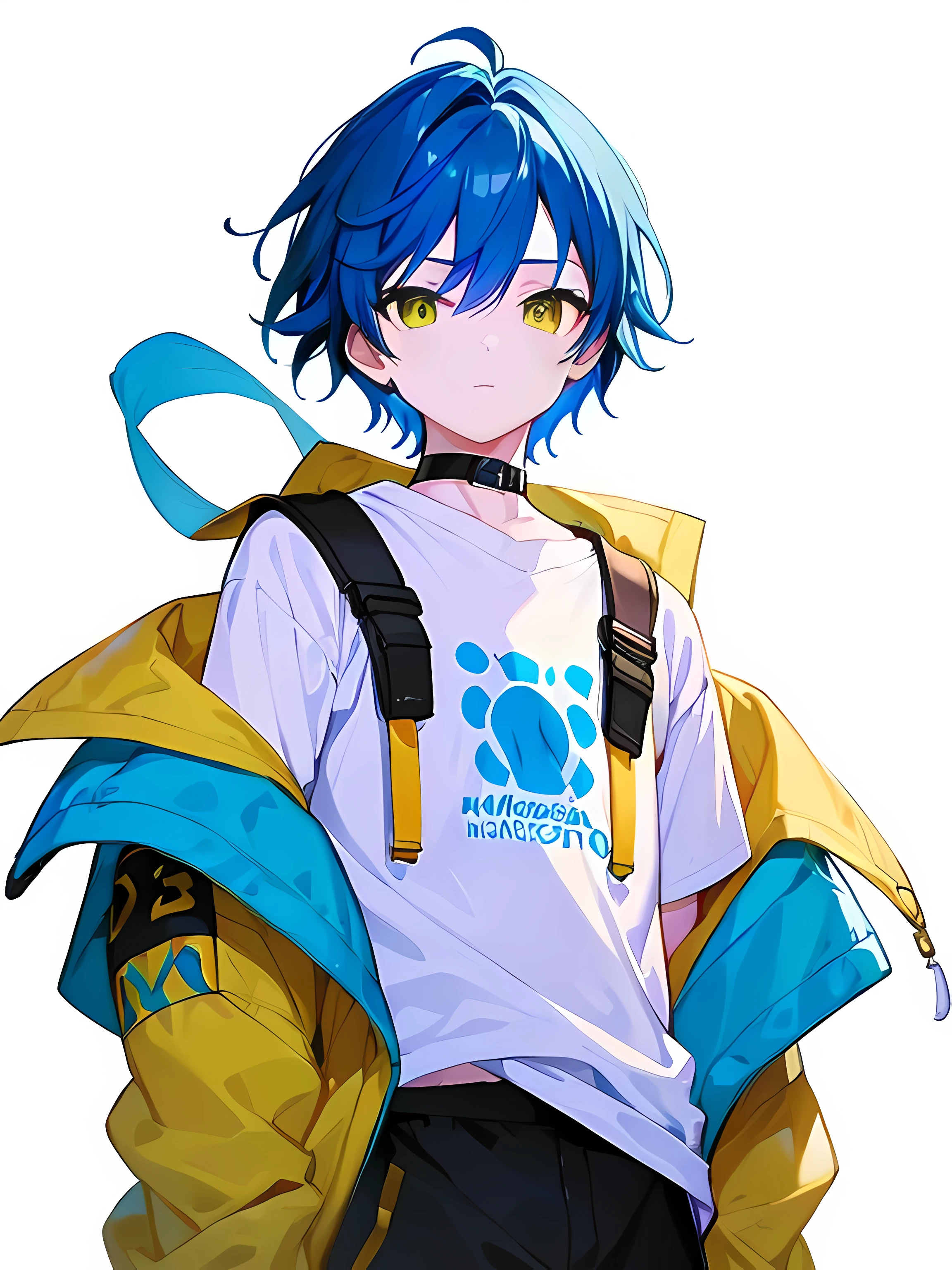[(WHITE BACKGROUND:1.5),::5], ((((masterpiece)))), high quality, very_high_resolution, large_filesize, full color, ((younger boy)), , short deepblue hair, vivid color, ((yellow eye)), civilian clothes white, anime, Below the knee to upper body,
