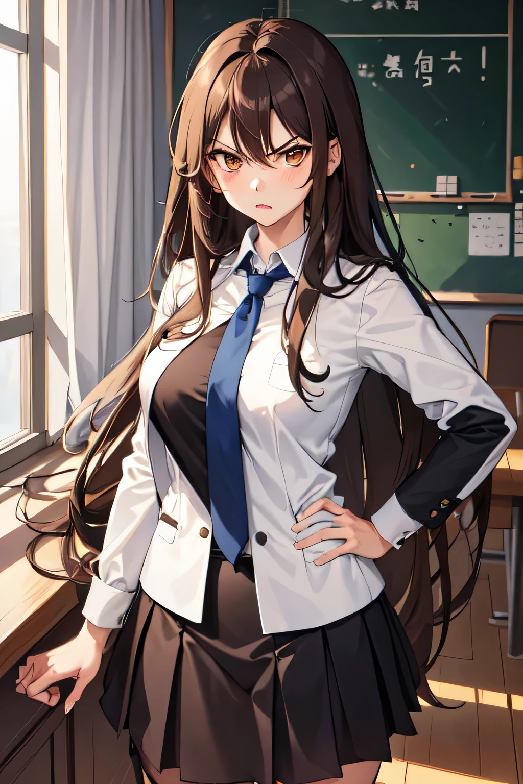 girl,in school,teacher suit,long hair,medium-length layered hair,brown hair,brown eyes,medium tits,angry expression
