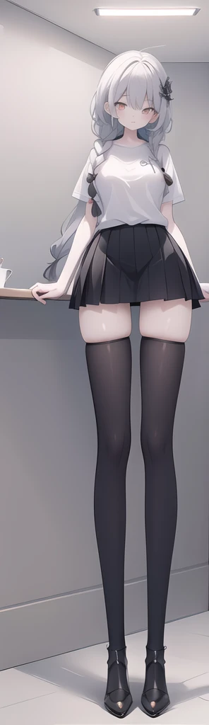 best quality,highres,extremely detailed,1girl,beautiful face,hair ornament,braid,very long_legs:1.5,miniskirt,shirt,high heels,black legwear,