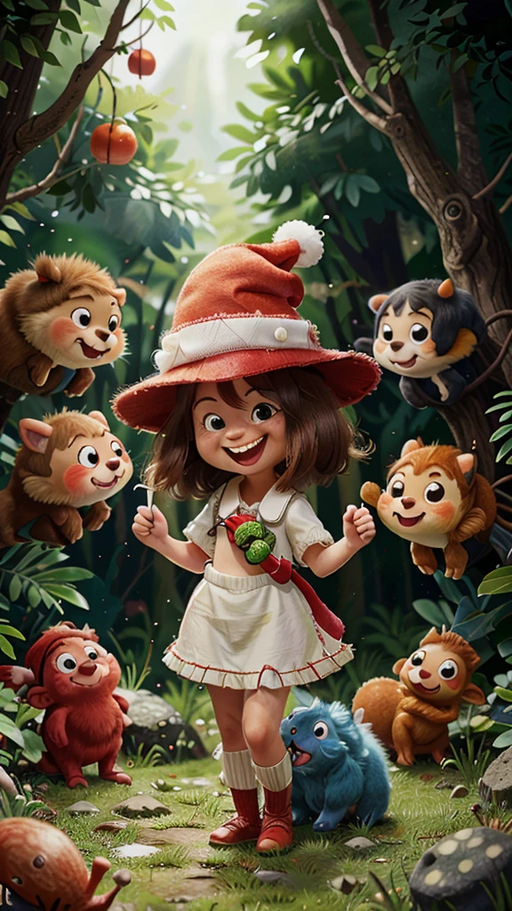 1 , confident laughing, showing white teeth, with red hat, some small animals next to it, forest scene