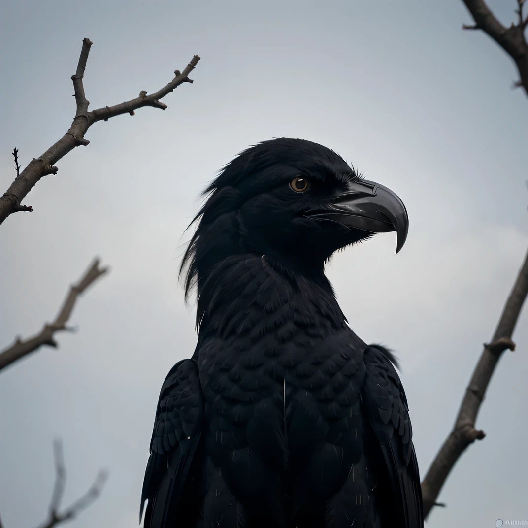 make a black silhouette of crows of the corvus-corax raven species on top of a dry branch looking to the side with white eyes and a blank background