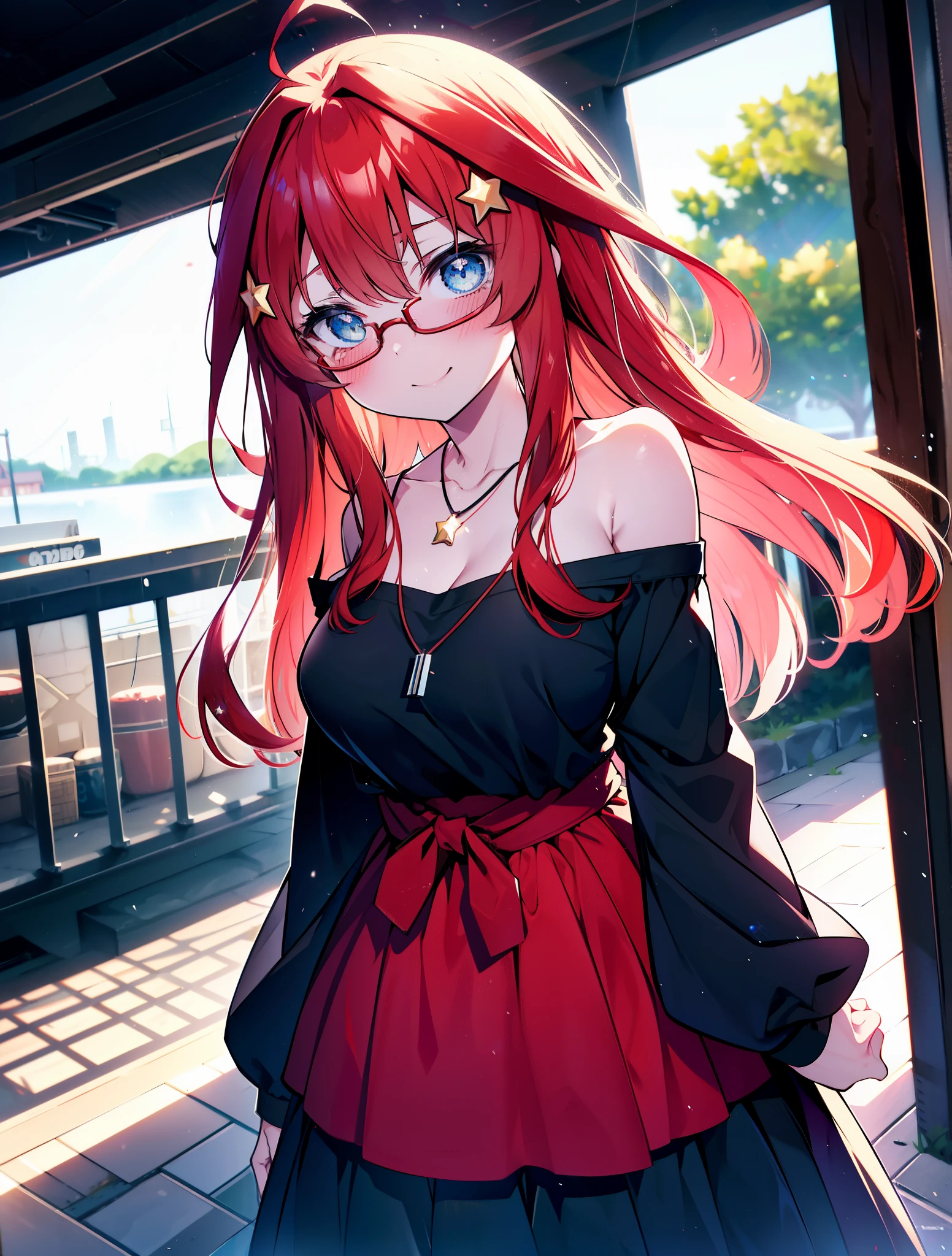 itsukinakano, itsuki nakano, bangs, blue eyes, hair between eyes, Ahoge, redhead, star \(symbol\happy smile, smile, Mouth wide open,embarrassing,blush, hair ornaments, star hair ornaments,Akagi glasses,red off shoulder sweater,bare shoulders,bare clavicle,naked neck,Heart Pendant Necklace,Black long skirt,Mini Boots,put your left hand on your waist,slouch,whole bodyがイラストに入るように,There are many shops,noon,Light of the sun,clear,Looking up from below,
break outdoors, station,square,
break looking at viewer,whole body (cowboy shot:1.5),
break (masterpiece:1.2), highest quality, High resolution, unity 8k wallpaper, (shape:0.8), (fine and beautiful eyes:1.6), highly detailed face, perfect lighting, Very detailed CG, (perfect hands, perfect anatomy),