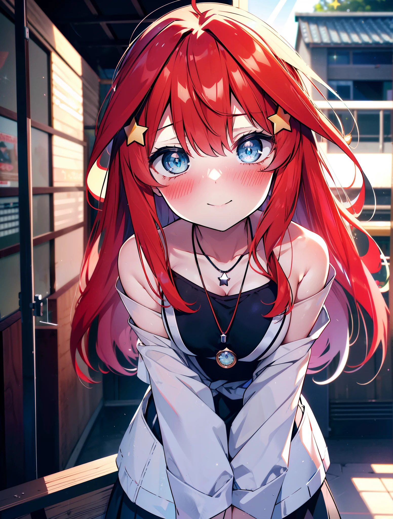 itsukinakano, itsuki nakano, bangs, blue eyes, hair between eyes, Ahoge, redhead, star \(symbol\happy smile, smile, Mouth wide open,embarrassing,blush, hair ornaments, star hair ornaments,Akagi glasses,red off shoulder sweater,bare shoulders,bare clavicle,naked neck,Heart Pendant Necklace,Black long skirt,Mini Boots,put your left hand on your waist,slouch,whole bodyがイラストに入るように,There are many shops,noon,Light of the sun,clear,Looking up from below,
break outdoors, station,square,
break looking at viewer,whole body (cowboy shot:1.5),
break (masterpiece:1.2), highest quality, High resolution, unity 8k wallpaper, (shape:0.8), (fine and beautiful eyes:1.6), highly detailed face, perfect lighting, Very detailed CG, (perfect hands, perfect anatomy),