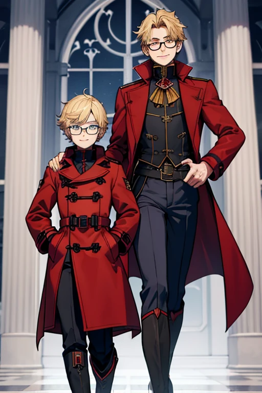 male, blonde short hair, blue eyes, (((1boy))), (((red gothic coat with yellow trim))), (black shirt), (grey pants), (black knee high boots), (glasses), long legs, smiling