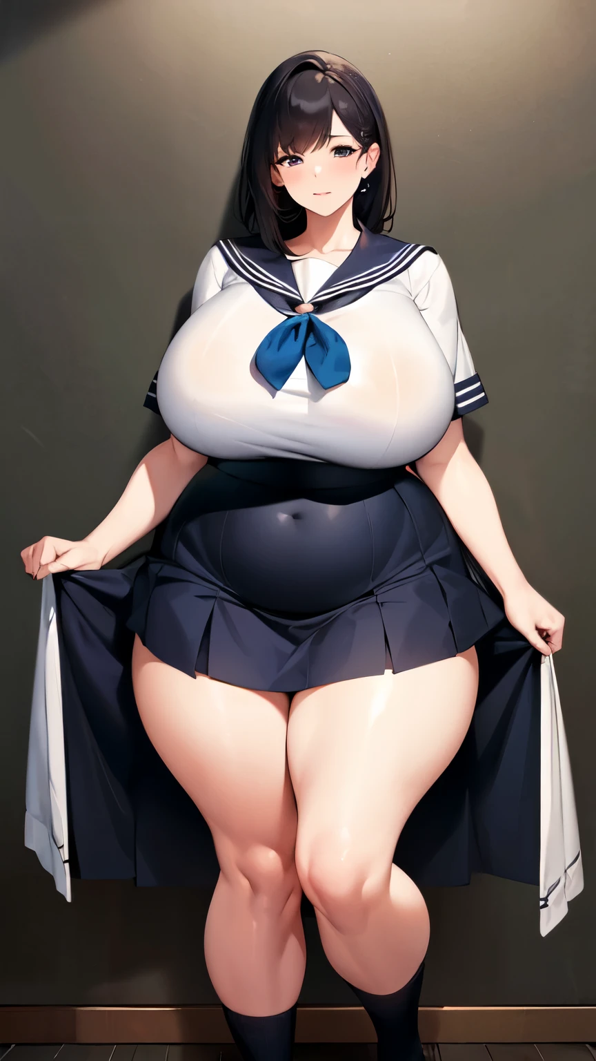 huge breasts, big hips,full body shot, mature mother, Whip whip lower body, plump thighs, plump calves, bewitching mature woman, Perfect body, plus size model,high school girl,sailor suit, skirt is short,Mature woman wearing sailor suit,