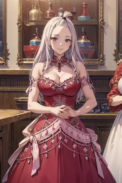 (best quality, 4k, 8k, highres, masterpiece:1.2), ultra-detailed, realistic, photorealistic:1.37, Mirajane Strauss, beautiful smile, sensual red dress