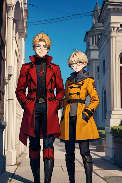 male, blonde short hair, blue eyes, (((1boy))), (((red gothic coat with yellow trim))), (black shirt), (grey pants), (black knee high boots), (glasses), long legs, smiling