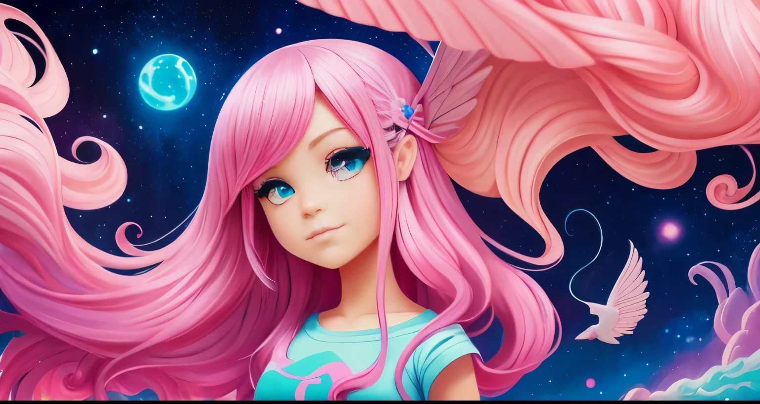 painting of a girl with pink hair and a pony, an airbrush painting by Jeremiah Ketner, trending on cgsociety, pop surrealism, beeple and jeremiah ketner, loish |, beautiful pink little alien girl, loish and ross tran, loish and wlop, james jean and wlop, wlop loish and clamp style