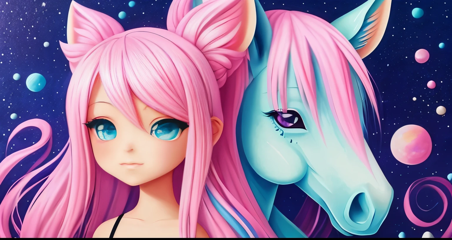 painting of a girl with pink hair and a pony, an airbrush painting by Jeremiah Ketner, trending on cgsociety, pop surrealism, beeple and jeremiah ketner, loish |, beautiful pink little alien girl, loish and ross tran, loish and wlop, james jean and wlop, wlop loish and clamp style