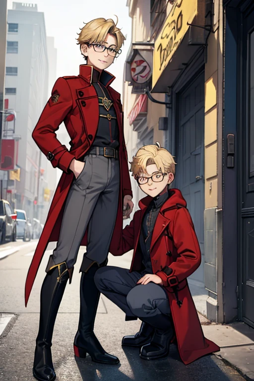 male, blonde short hair, blue eyes, (((1boy))), (((red gothic coat with yellow trim))), (black shirt), (grey pants), (black knee high boots), (glasses), long legs, smiling