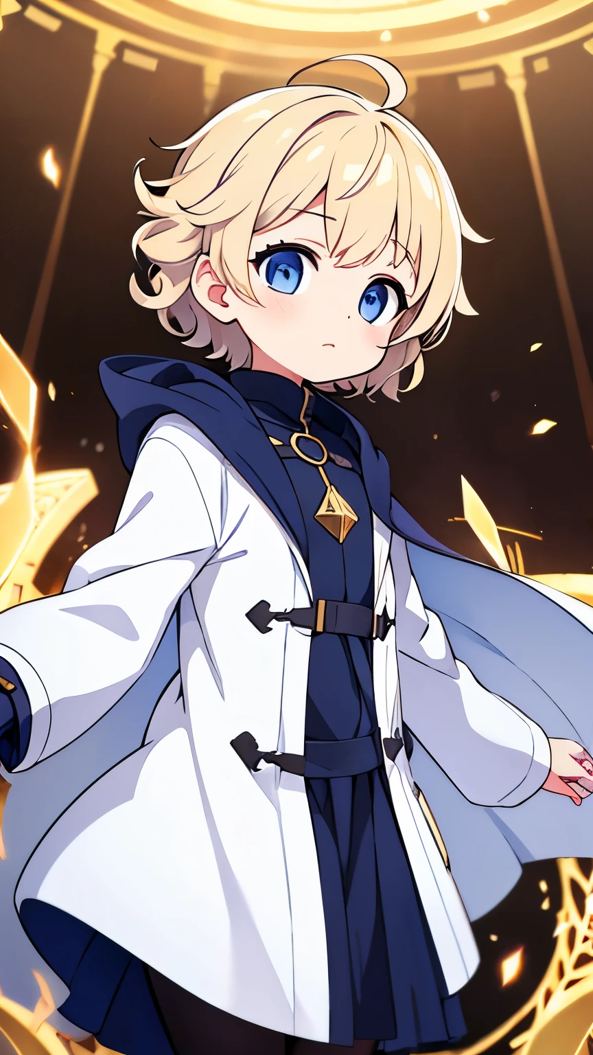 Alchemist,Age unknown,Unknown gender,Light golden, curly short hair,dark blue eyes,lightly dressed,White coat-like jacket,floating in the air