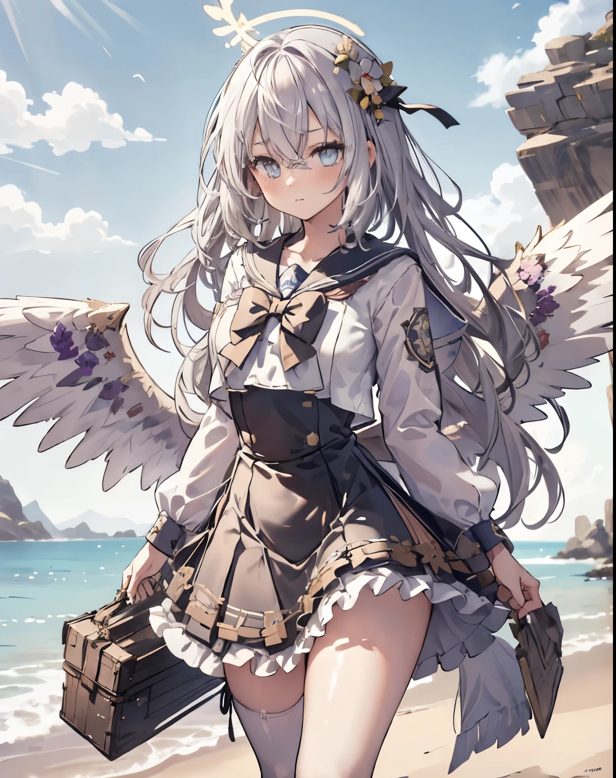 masterpiece, 1girl, sparrow, a silver haired girl, wearing a sailor clothes, curly long hair, messy hair, slim body, he close her left eye, shirt ornament, aqua eyes, ahoge, baby face, huge breast, beautiful breasts, rounded breasts, long sleeves, beautiful eyes, white stocking, droopy eyes, skirt, black skirt, plaid skirt, her age is 19 years old, beach, bowtie, sailor collar, flared skirt, tight shirt, skirt, azusadress, wings