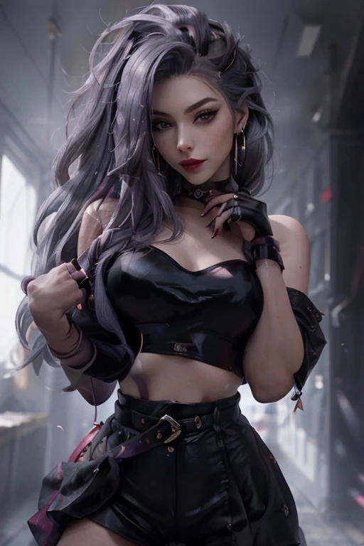 1 girl,read pigeon, smooth, black gloves, black choker, collarbone, earring, finger to mouth, fingerless gloves, gray hair, Index finger raised, jacket, decorations, red lips, lipstick, long hair, look at viewer, put on makeup, nail polish, Chapped lips, ponytail, Portrait, smile, purple eyes, purple nails, shut your mouth, alone,[[realistic]],(Shiny skin),(Masterpiece:1.4),(best quality:1.4),gigantic bust,red lips