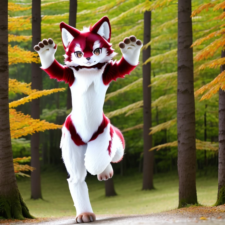 original photo, ultra high definition, digital SLR, high quality, actual, Real shot, fantasy art, lens flare, whole body, view viewer, animal focus, hairy, fur set, 1 girl, charming的, kawaii, charming, fur, fur头, Yao Liu, wolf type,wolf ears, paws with claws, Claw shoes , stand up,Deep red body,whole body深红色皮肤,Red hair,gray eyes,With black bow,white belly,The tip of the tail is white,Figure standing