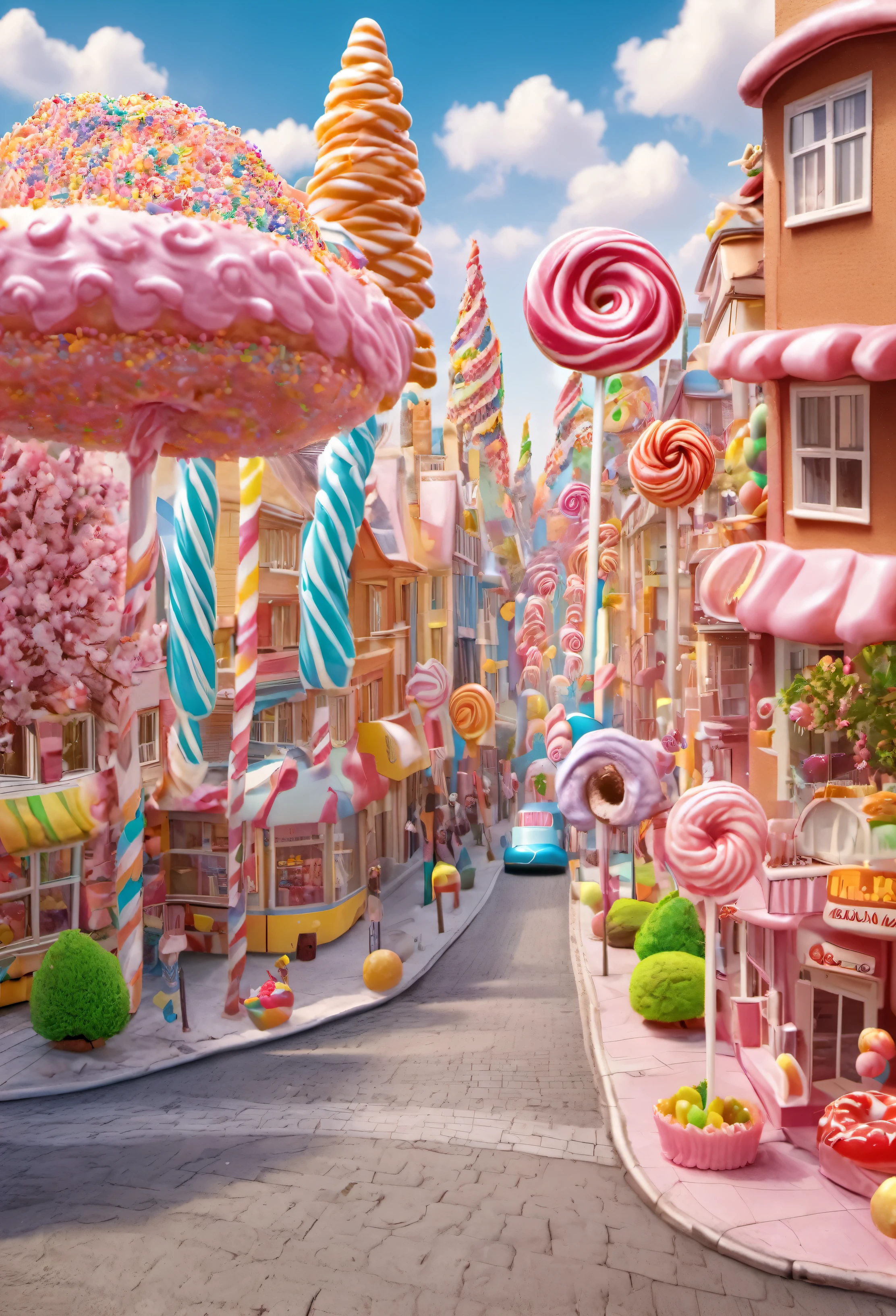 general shot: 1.5, ((city of sweet cake and candy buildings: 1.7)), (( candies, tree-shaped lollipops, donut-shaped sun, beautiful candy colors: 1.6)), ultra-realistic, photorealistic CG K : 1.4, skin texture: 1.4, masterpiece: 1.4, ((hyper detailed, epic, beautiful, creative and imaginative image: 1.6)), 8k.