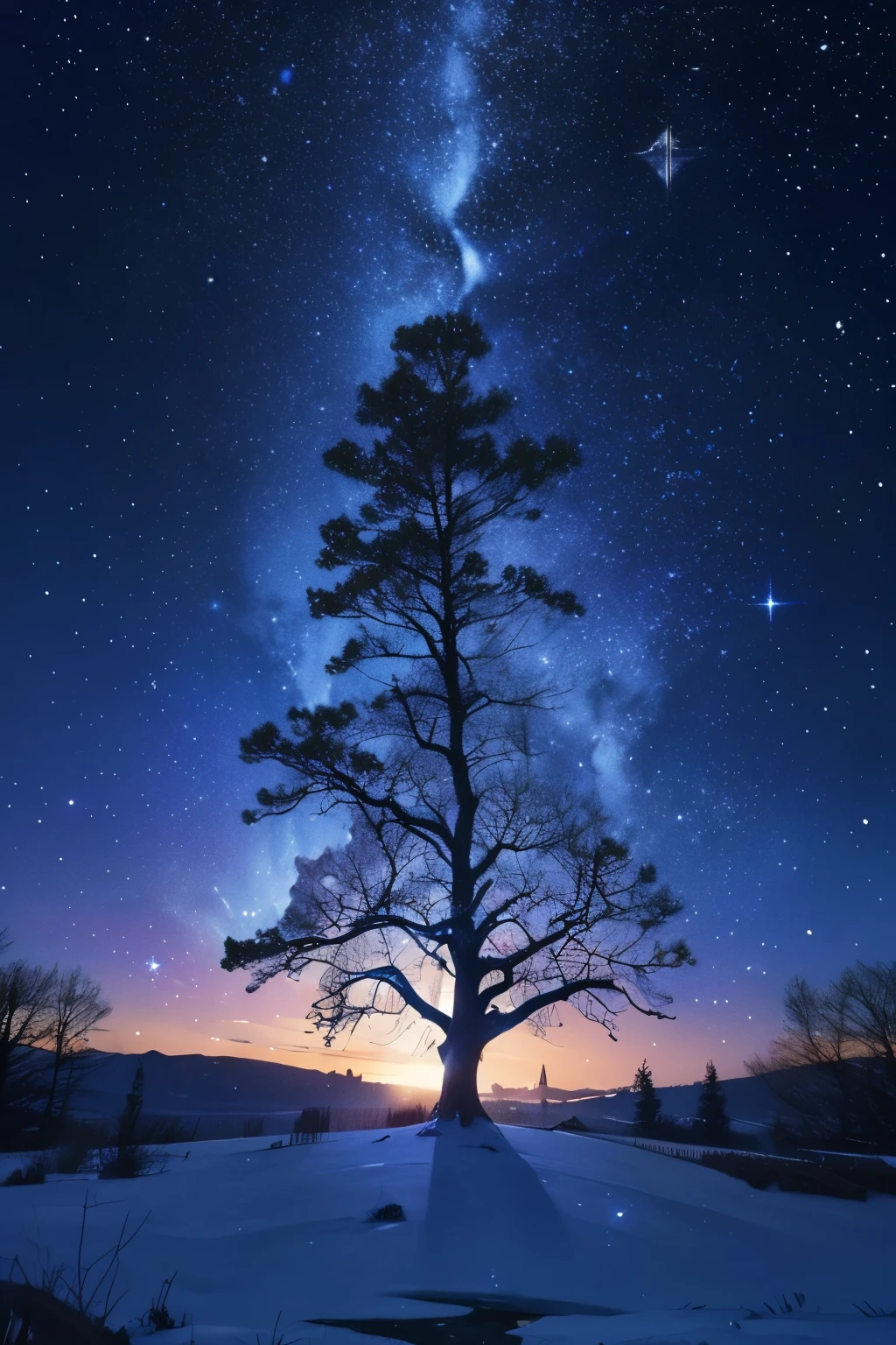 a close up of a tree with a lot of stars on it, a digital rendering by Mia Brownell, pexels, magical realism, starry-night!!!!!!!!!!!!!!!!!!!!, twinkling stars, beautiful blue lights, magical tree, magical lights, stars glistening in the night, lush tress made of city lights, with glowing blue lights, starlit sky, beautiful illumination