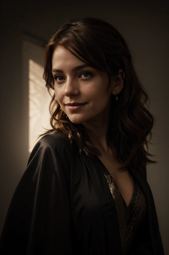 chiaroscuro portrait, high contrast, dramatic, Rembrandt lighting, half-body of realistic photo of ((ohwx woman)), focus on smiling face, side view wearing a mage robe , her light orchid hair is styled as balayage lob hair