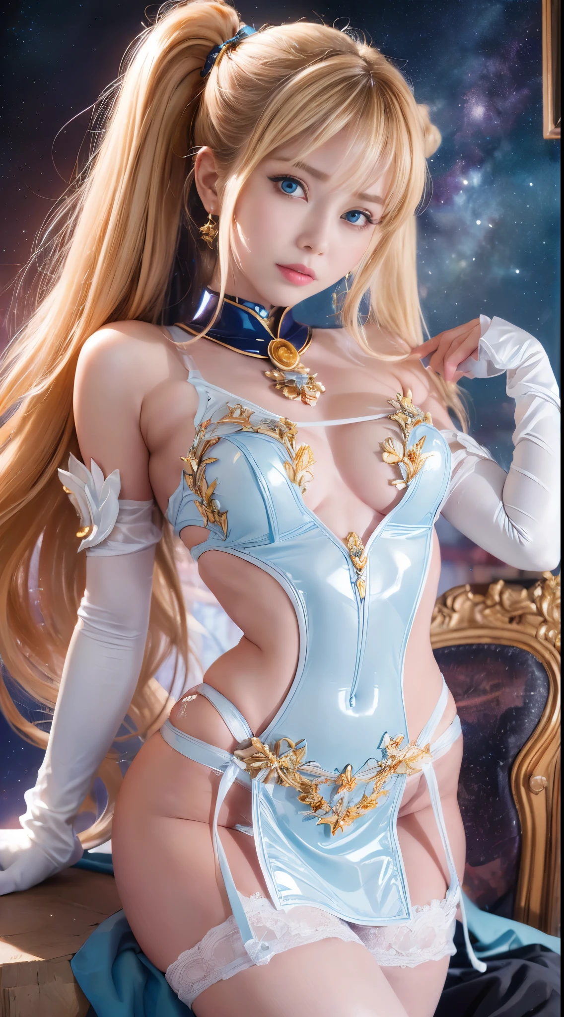 NSFW,table top、full:1.3、stand、8K、。.3D、realistic、Ultra-microphotography、highest quality、Wallpapers with extreme details CG Unity 8K、from below、intricate details、(1 female)、28 years old、(sailor moon:1.6 Super Bishoujo Senshi sailor moon Mer1、Nether Warm Wind,land、sailor warrior uniform Sailor:1.5、sailor moon:1.5,Eternal sailor moon)、(Incredibly long and bright blonde pigtails:1.4、thin and very long straight twin tail blonde, bun hair、bun hair用の赤い丸い髪飾り)、((sailor warrior uniform、sailor color,pray miniskirt:1.5、Glossy pleated mini skirt:1.3、big red ribbon on the chest,,,,,、white long latex gloves,red gloves on the elbows、A gorgeous golden tiara on the forehead、ear nipple rings,Gorgeous Golden Jewels))、Extremely thin and fitted high gloss white holographic leather、High-gloss white latex high-leg swimsuit that shines like oil,(facial details:1.5、bright blue eyes、Beautifull expression、beautidfull eyes、Iris overview, shining eyes、thin唇:1.5、thin and sharp pale eyebrows,、long and thick eyelashes、double eyelashes、thin, thin and muscular,,,、small face、tall and big breasts、perfect proportions、big breasts thin waist、sexy model posing、dynamic pose,visible pores、enchanting smile、perfect hands:1.5、octane rendering、very dramatic picture、(moonの神性,space background、moon明かりの光線、moon、dynamic background、exquisite light and shadow、dynamic angle、detailed background),strong natural light、sunlight、Digital single-lens reflex camera、sharp focus: 1.0、Maximum clarity and sharpness