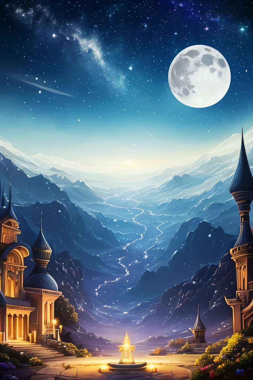 starr night sky with moon and stars, digital art by Yang J, trending on cgsociety, fantasy art, dreamy art, detailed dreamscape, the moon and stars, moon and stars, dreamy night, ✨🕌🌙, starry-night!!!!!!!!!!!!!!!!!!!!, baroque painting. star lit sky, dreamy and detailed, moon shining golden light, beautiful illustration, beautiful depiction