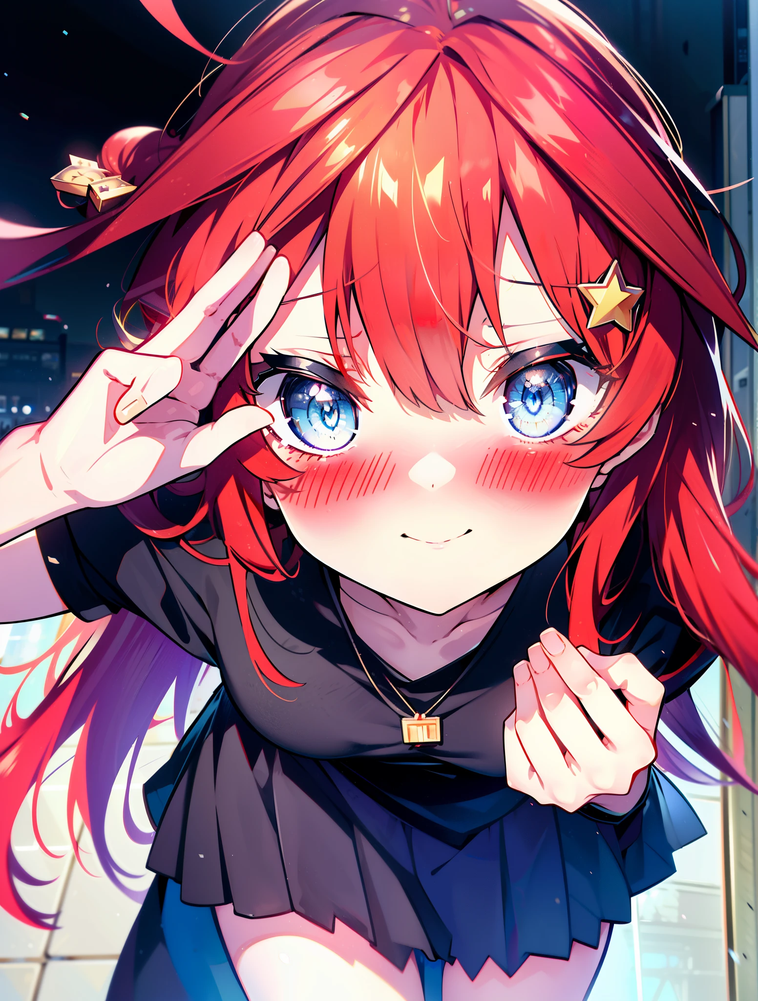 itsukinakano, itsuki nakano, bangs, blue eyes, hair between eyes, Ahoge, redhead, star \(symbol\happy smile, smile, Mouth wide open,embarrassing,blush, hair ornaments, star hair ornaments,Akagi glasses,red off shoulder sweater,bare shoulders,bare clavicle,naked neck,Heart Pendant Necklace,Black long skirt,Mini Boots,put your left hand on your waist,slouch,whole bodyがイラストに入るように,There are many shops,noon,Light of the sun,clear,Looking up from below,
break outdoors, station,square,
break looking at viewer,whole body (cowboy shot:1.5),
break (masterpiece:1.2), highest quality, High resolution, unity 8k wallpaper, (shape:0.8), (fine and beautiful eyes:1.6), highly detailed face, perfect lighting, Very detailed CG, (perfect hands, perfect anatomy),