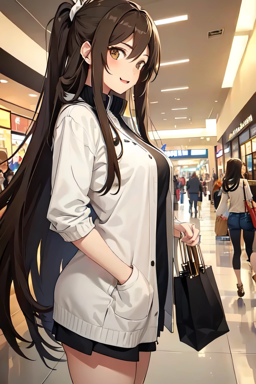 girl,in mall,long hair,medium-length layered hair,brown hair,brown eyes,medium tits,happy expression