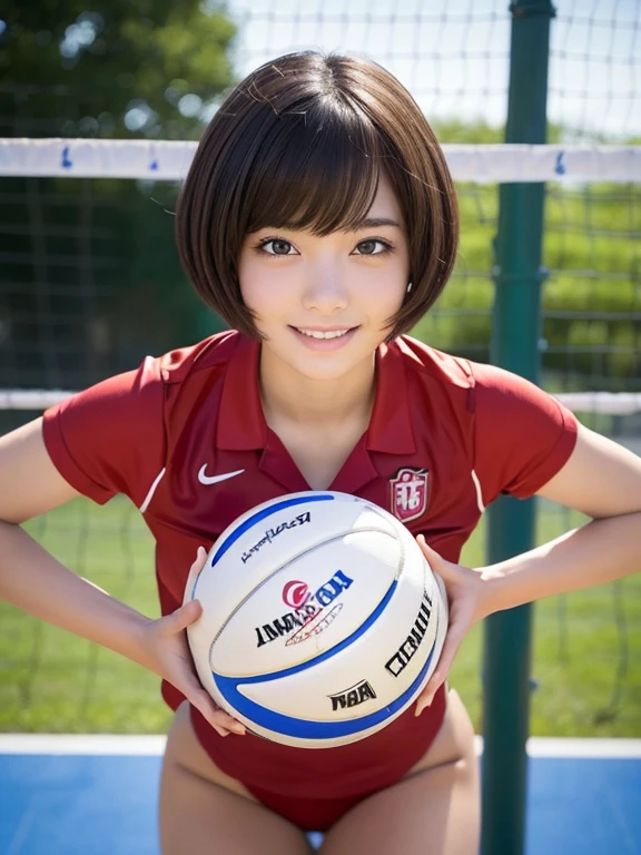 ((((whole body 1.4)))),1 girl, masterpiece,best image quality,13 years,  smile, beautiful eyes, perfect eyes, beautiful lips, perfect lips, short hair, Are standing, ,volleyball player red uniform,Hot pants style,Moriman,backwards,Face this way,,perfect face, Angelic,Idol, super realism,surreal, Japanese girl film grain, Gym
