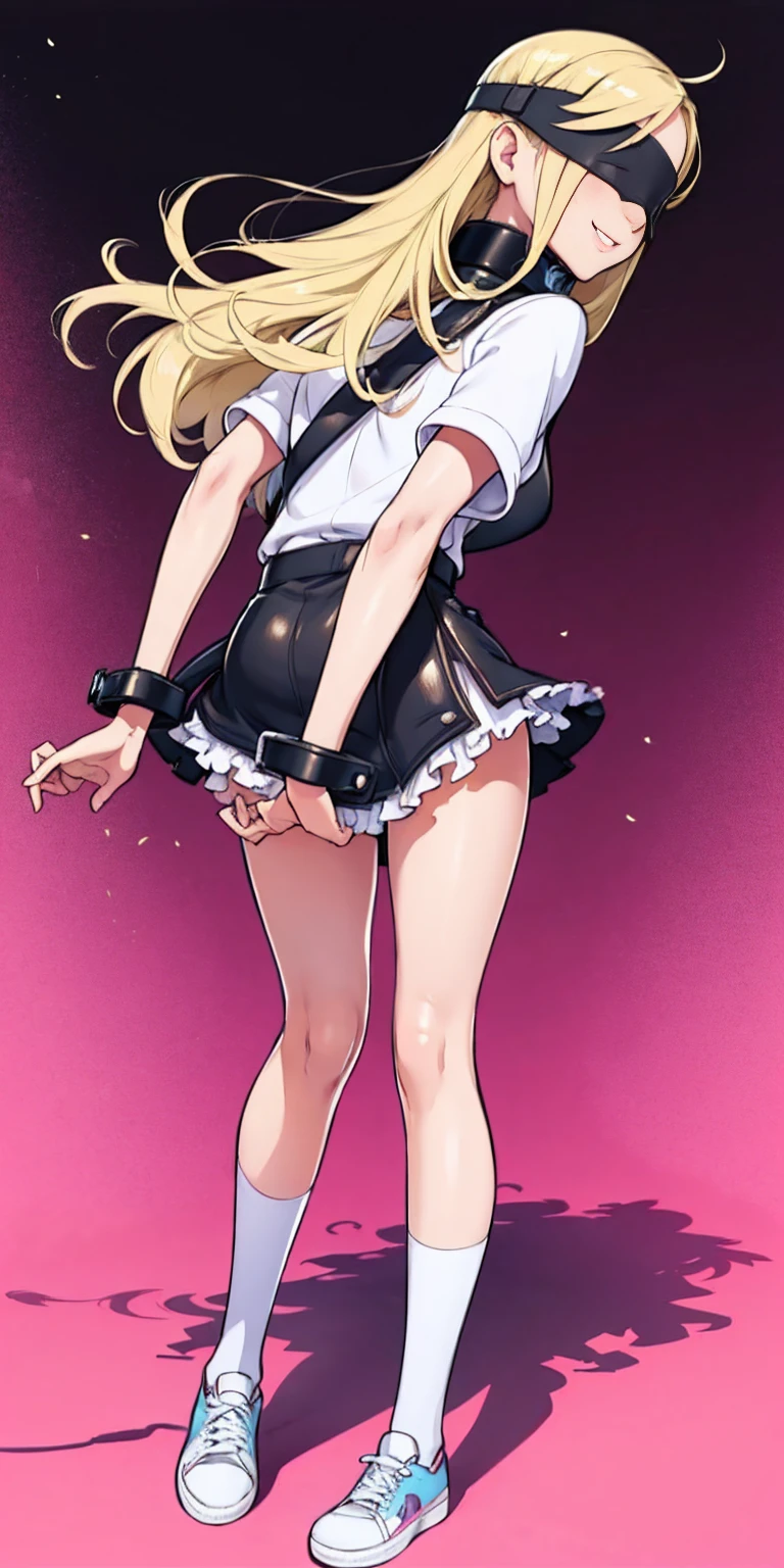 beautiful, (masterpiece:1.2), (best quality:1.2), Beautiful -yeld wh girl with blue eyes, long swept-back straight blond hair, Happy, Pink and white frilly miniskirt, pink shirt, pink socks, white sneakers, black background, Slave collar crest blindfolded cover eyes 