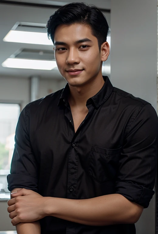 [Asian young man, black hair, wearing purple shirt, looking at the camera, smiling], [portrait, headshot, close-up, soft focus, warm lighting, high quality, 8k resolution, concept art, by Greg Rutkowski, Artgerm, and WLOP]