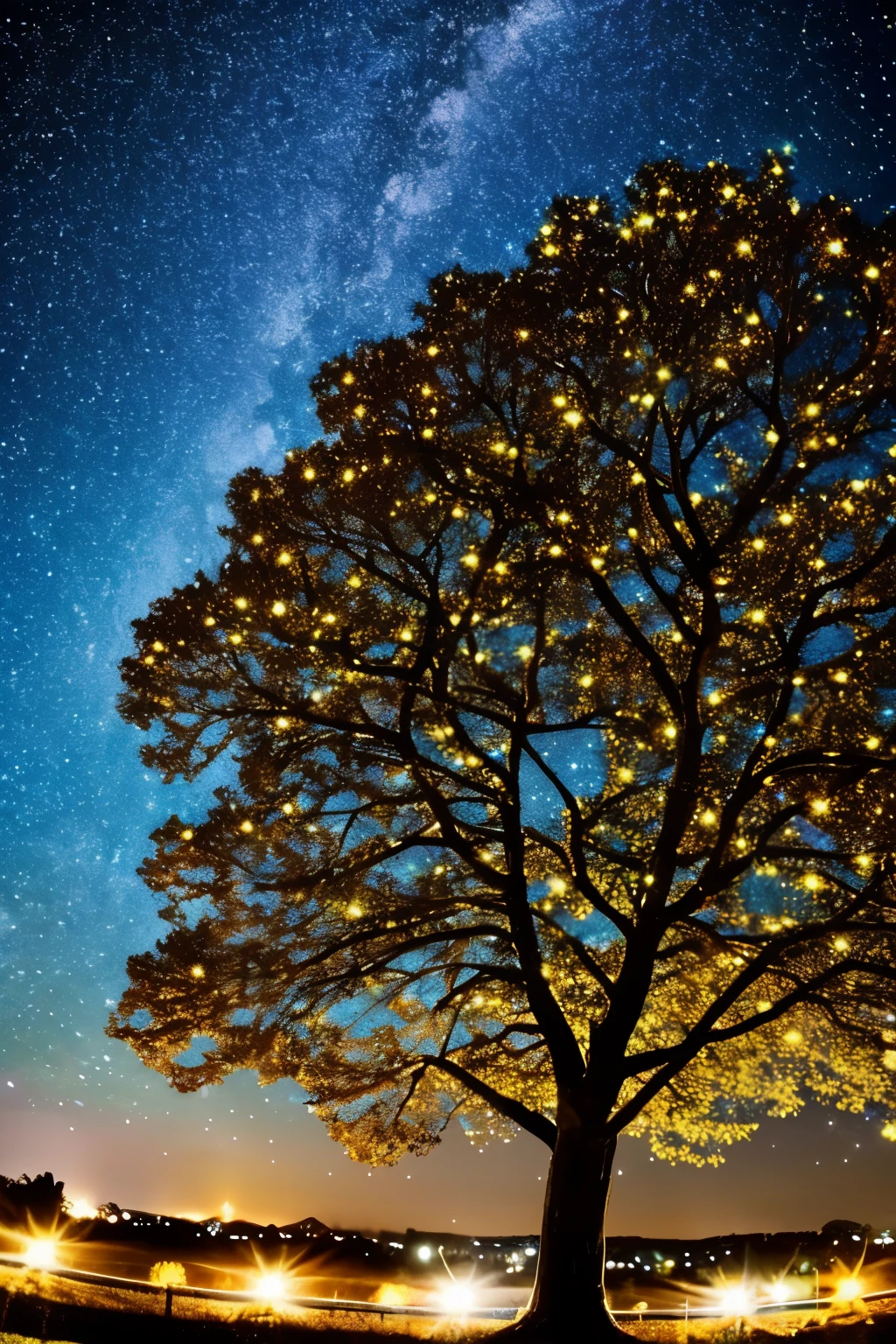 a close up of a tree with a lot of stars on it, a digital rendering by Mia Brownell, pexels, magical realism, starry-night!!!!!!!!!!!!!!!!!!!!, twinkling stars, beautiful blue lights, magical tree, magical lights, stars glistening in the night, lush tress made of city lights, with glowing blue lights, starlit sky, beautiful illumination