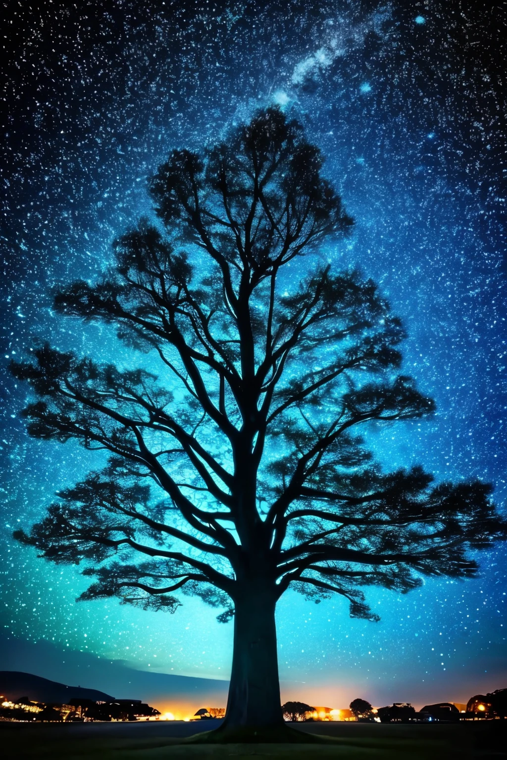 a close up of a tree with a lot of stars on it, starry-night!!!!!!!!!!!!!!!!!!!!, twinkling stars, beautiful blue lights, magical tree, magical lights, stars glistening in the night, lush tress made of city lights, with glowing blue lights, starlit sky, beautiful illumination, cosmic tree, star lit sky, blue lights, magic tree