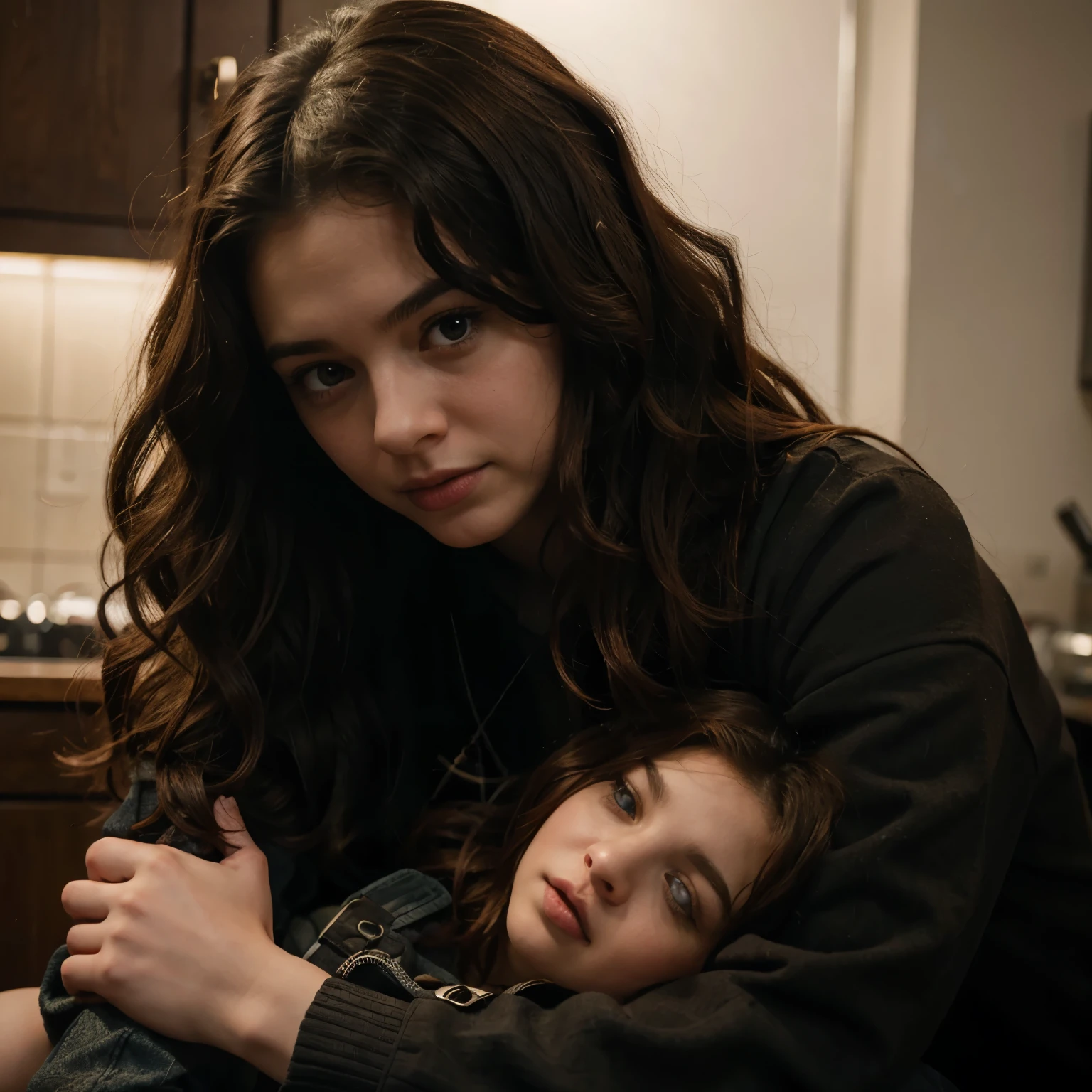 young girl with curly hair cuddling with bucky barnes the winter soldier.