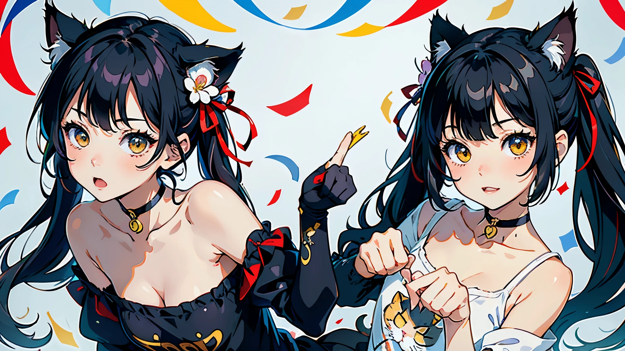 (highest quality, masterpiece, High resolution)、(anime art)、cinematic light、soft light、(two girls)、black hair、Black cat costume、White Cat Costume、Tabby cat costume、Striped cat costume、Persian Cat Costume、3-color cat costume、(loose t-shirt)、loose shirt、off shoulder、sexy mini dress、(Cat ear)、bob cut、semi-long、bun hair、hair ornaments、choker、Cute face details、enchanting smile、small breasts、whole body、(cat pose)、((sexy gesture))、beckoning、playing、dance、Cat jarashi、((confetti、ribbon、petal、candy、is dancing in the air、Crackers popping、))、((white background))、